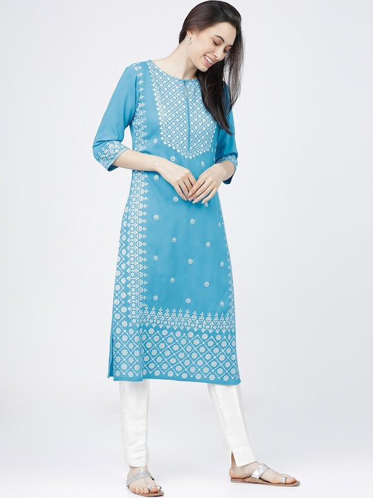 Vishudh Women Turquoise Blue & White Ethnic Motifs Printed Kurta