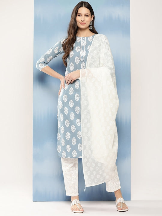 Yufta Women Blue Ethnic Motifs Printed Regular Thread Work Pure Cotton Kurta with Palazzos & With Dupatta