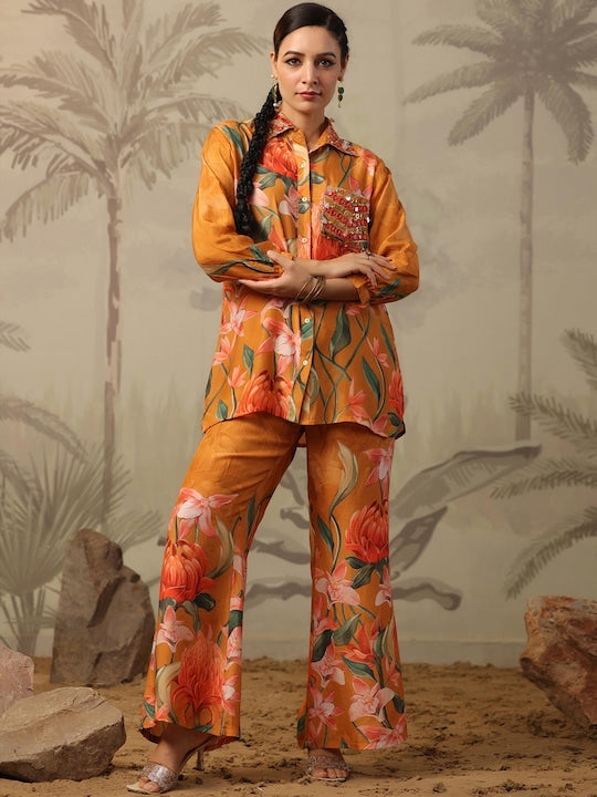 SCAKHI Floral Printed Shirt Collar Mirror Work A-Line Kurta & Palazzos