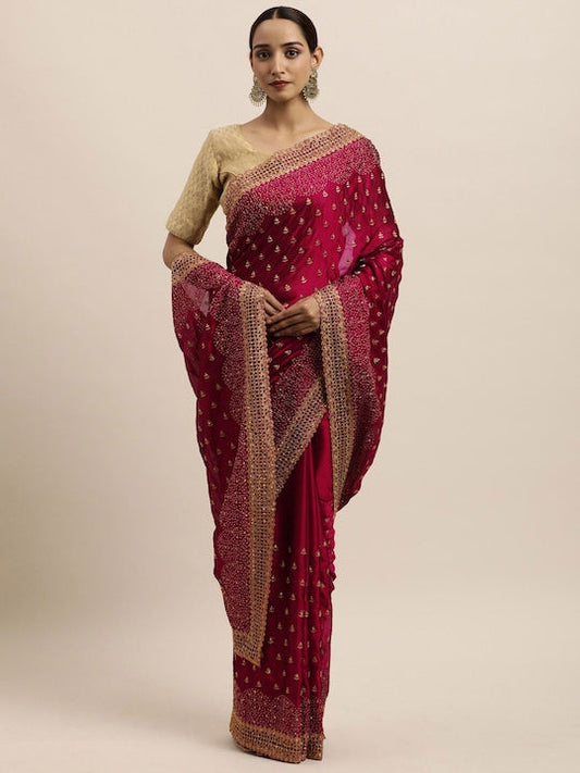 Kasee Red & Gold-Toned Floral Embroidered Art Silk Saree