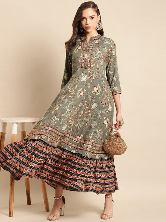 All about you Grey & Green Floral Printed Notch Neck Liva Maxi Dress