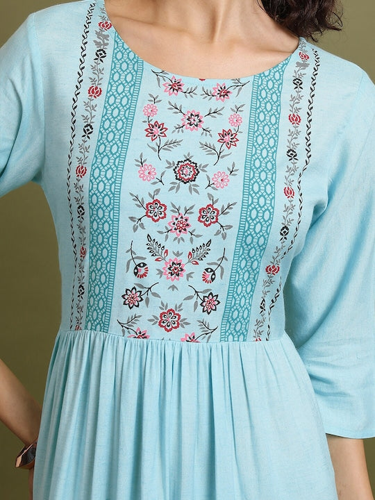 Vishudh Blue Floral Printed Gathered Cotton Fit and Flare Midi Dress