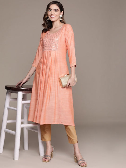 Anubhutee Peach & Silver Ethnic Motifs Embroidered A Line Kurta