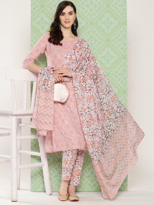 Yufta Women Paisley Printed Regular Pure Cotton Kurta with Trousers & With Dupatta
