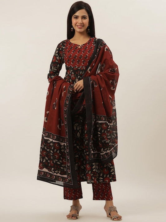 Yufta Women Black Ethnic Motifs Empire Thread Work Pure Cotton Kurta with Trousers & With Dupatta