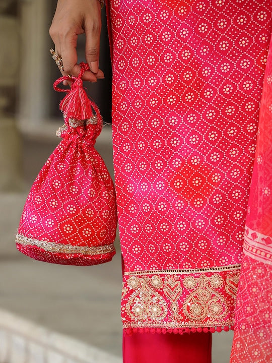 Scakhi Bandhani Printed Regular Thread Work Kurta with Trousers & Dupatta