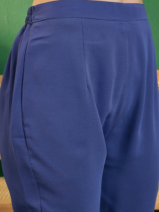 Sangria Blue Yoke Design Printed Georgette A-Line Empire Kurta With Trousers & Dupatta