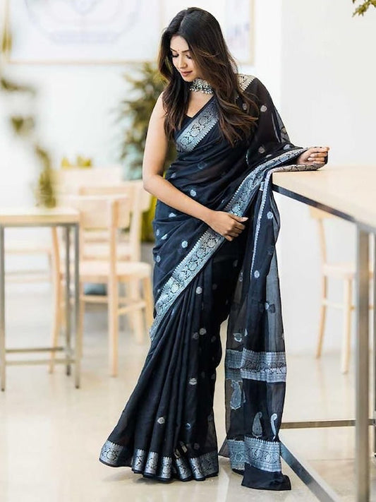 Anjaneya Sarees Woven Design Floral Zari Designer Silk Cotton Chanderi Saree