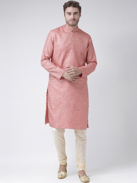 Deyann Men Pink Woven Design Straight Kurta