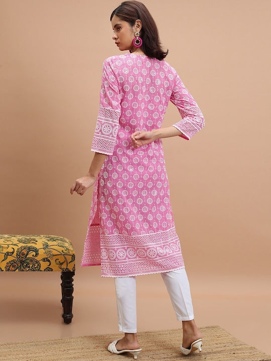 Vishudh Pink Ethnic Motifs Embroidered Thread Work Straight Kurta