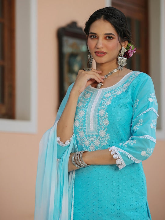 SCAKHI Floral Embroidered Chikankari Schiffli Pure Cotton Kurta With Trousers & Dupatta