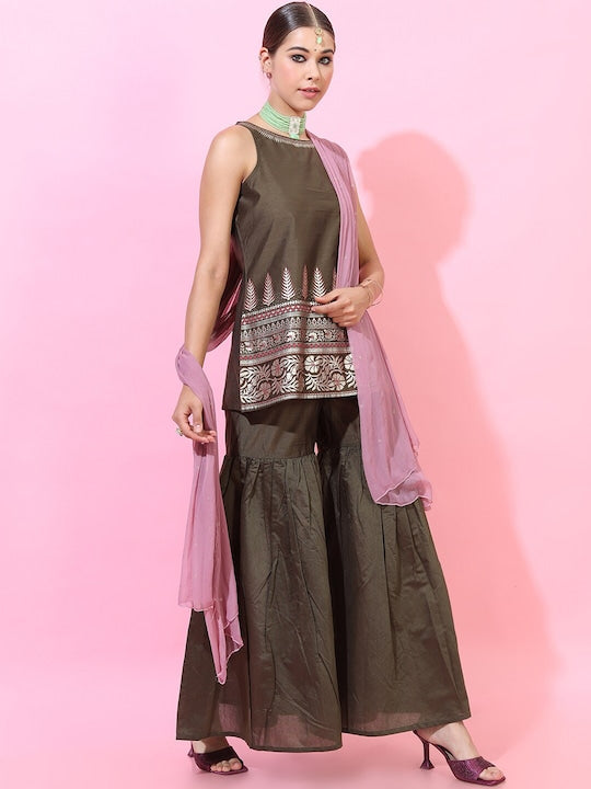 Vishudh Women Green Kurti with Sharara & With Dupatta