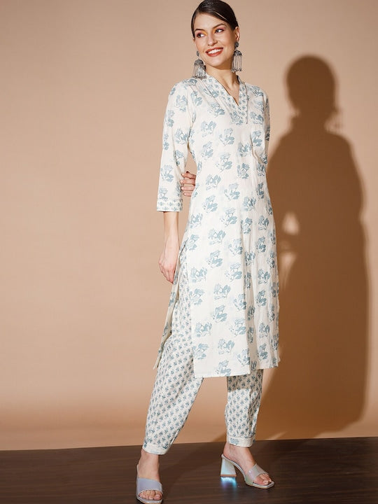 Myshka Floral Printed Gotta Patti Pure Cotton Kurta with Trousers