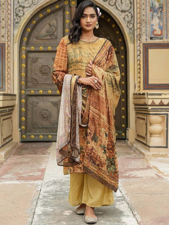 SCAKHI Floral Printed Beads Flared Sleeves A-Line Kurta With Trousers & Dupatta