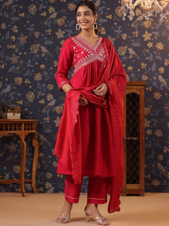 House of Pataudi Ethnic Motifs Yoke Design Straight Kurta & Trousers With Dupatta