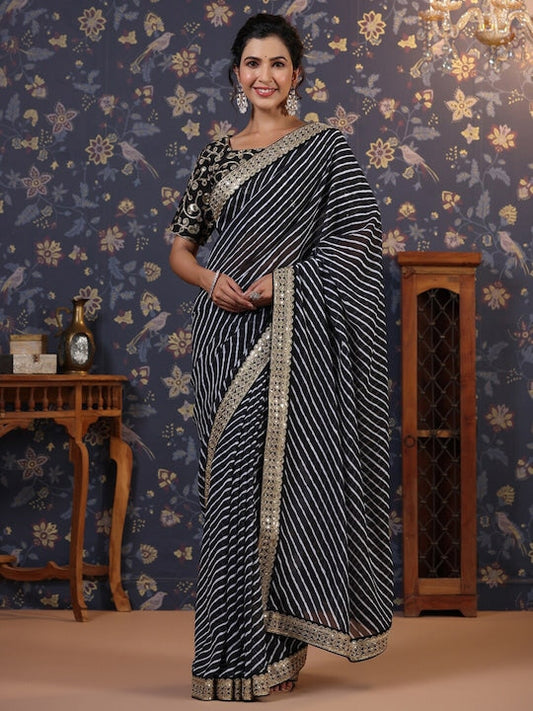 House of Pataudi Leheriya Printed & Embroidered Saree