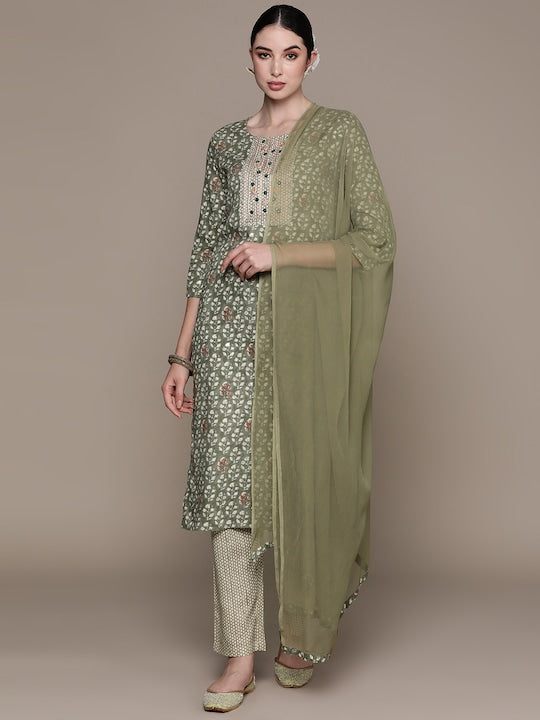 Anubhutee Floral Printed Regular Mirror Work Kurta with Trousers & With Dupatta