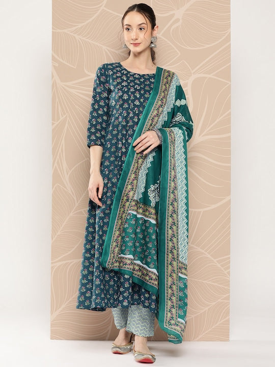 Yufta Women Floral Printed Regular Pure Cotton Kurta with Trousers & With Dupatta