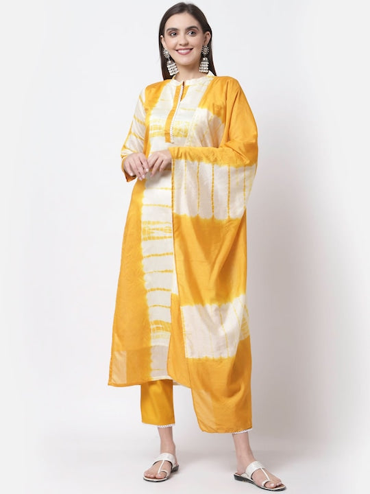 Myshka Women Yellow Dyed Kurta with Palazzos & With Dupatta - S