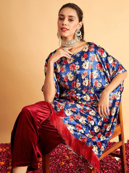 Shae by Sassafras Floral Printed Velvet High Low Kaftan Kurta
