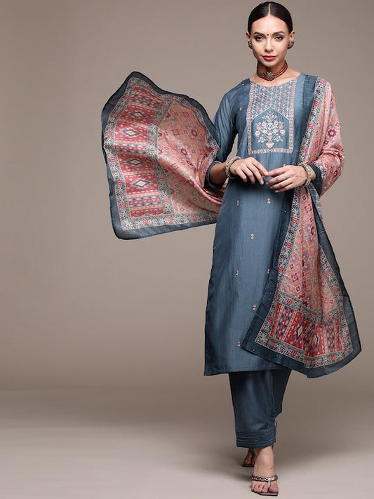 Anubhutee Women Blue Floral Embroidered Kurta with Trousers & With Dupatta