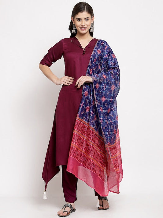 Myshka Women Burgundy Regular Pure Cotton Kurta with Trousers & With Dupatta