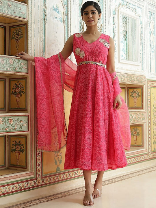 AKS Couture Bandhani Printed Georgette V-Neck Flared Anarkali Kurta With Dupatta