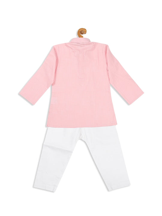 Vastramay Sishu Boys Pink And White Cotton Blend Solid Kurta Pyjama Set
