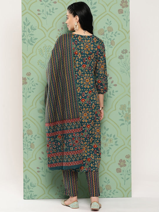 Yufta Floral Embroidered Regular Sequinned Pure Cotton Kurta with Trousers & With Dupatta