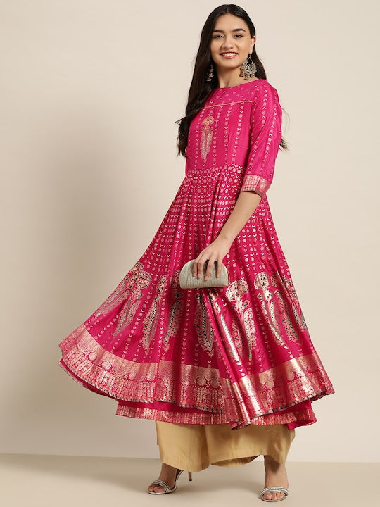 Juniper Women Fuchsia & Gold-Toned Foil Print Anarkali Kurta