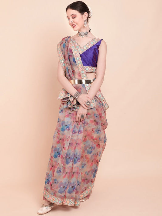 Sangria Pink & Blue Floral Printed Sequinned Organza Saree