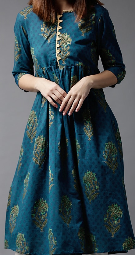 Here&now Women Teal & Green Printed A-Line Kurta