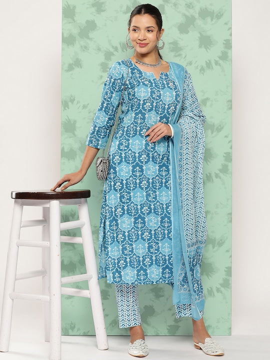 Yufta Ethnic Motifs Printed Beads & Stones Detail Cotton Kurta with Trousers & Dupatta