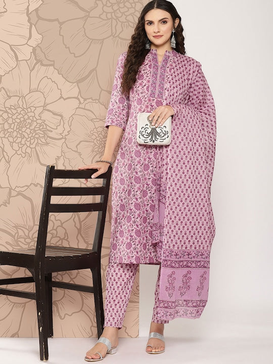 Yufta Women Floral Printed Regular Sequinned Pure Cotton Kurta with Trousers & Dupatta