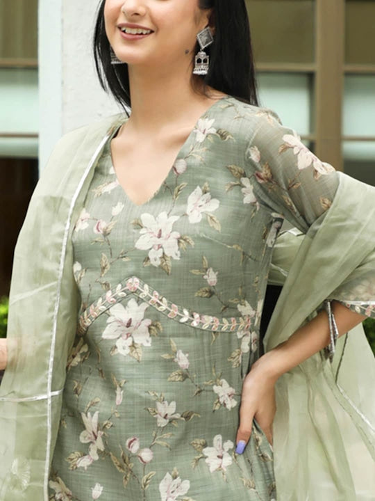 AKS Couture Floral Printed Gotta Patti Straight Kurta With Trousers & Dupatta