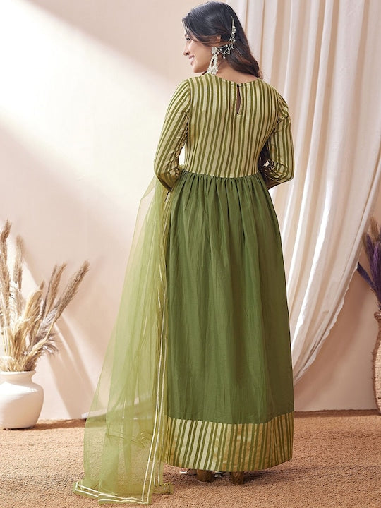 Mitera Green Striped Gotta Patti Regular Kurta With Trousers & Dupatta