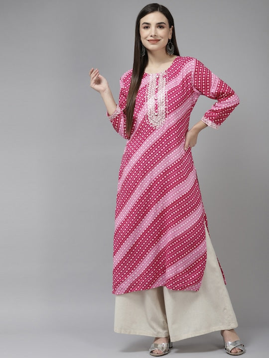 Yufta Women Pink & White Striped Embroidered Kurta