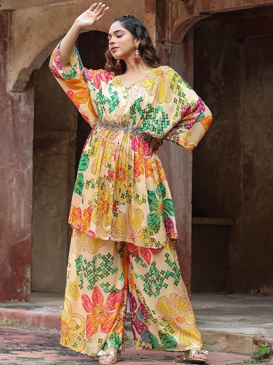 Scakhi Floral Printed V-Neck Anarkali Kurta With Palazzo