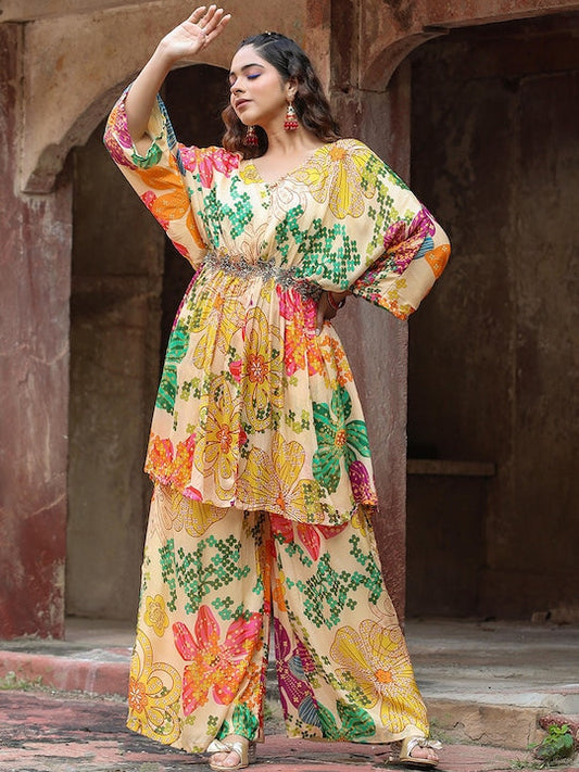 Scakhi Floral Printed V-Neck Anarkali Kurta With Palazzo