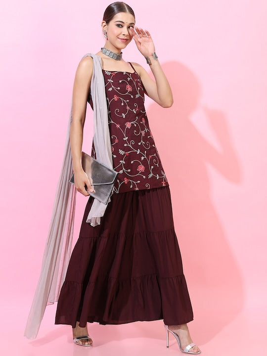 Vishudh Women Maroon Floral Embroidered Kurti with Sharara & With Dupatta