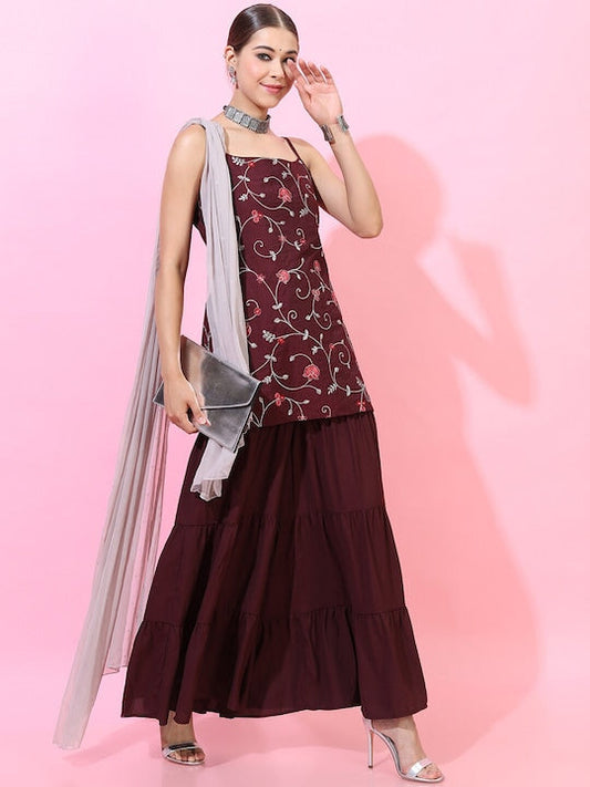 Vishudh Women Maroon Floral Embroidered Kurti with Sharara & With Dupatta