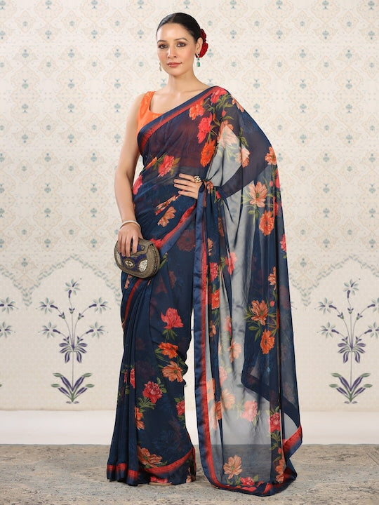 House of Pataudi Floral Poly Georgette Designer Saree
