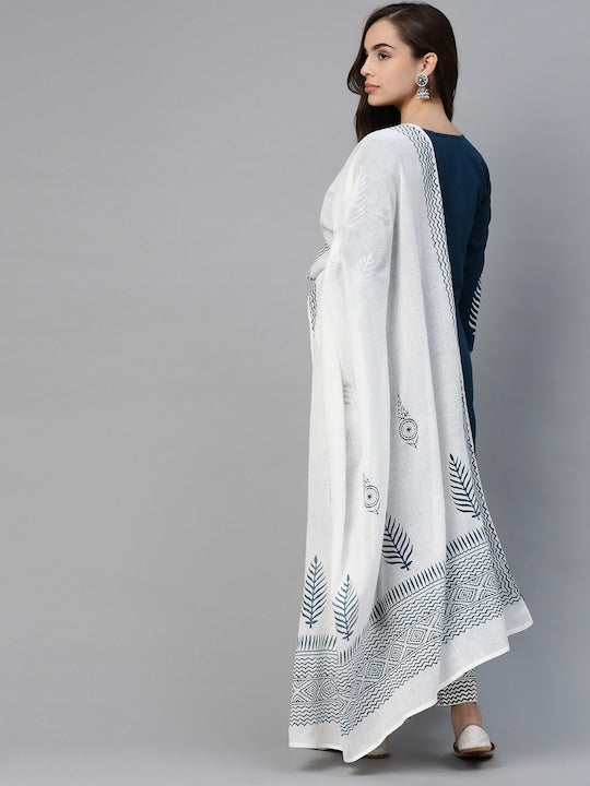 Yufta Women Navy Blue & White Yoke Design Thread Work Cotton Kurta with Palazzos & Dupatta