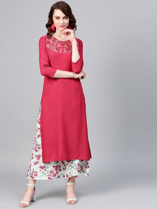 Yufta Women Pink & Sea Green Yoke Design Kurta with Palazzos