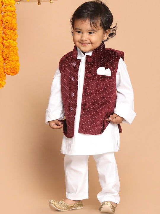 Vastramay Sishu Infant Boys White & Maroon Cotton Blend Polka Dot Printed Kurta & Pyjamas With Nehru Jacket