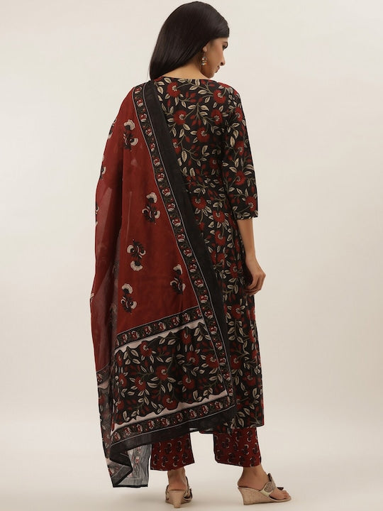 Yufta Women Black Ethnic Motifs Empire Thread Work Pure Cotton Kurta with Trousers & With Dupatta