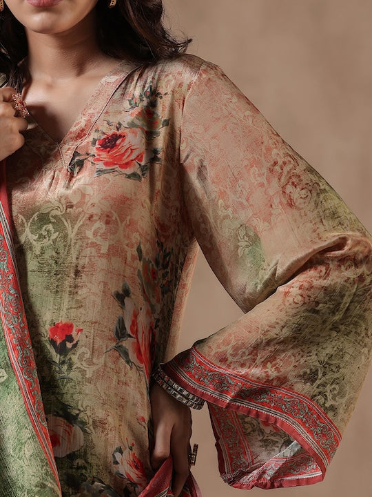 Scakhi Ethnic Motifs Printed Regular Silk Crepe Kurta with Trousers & With Dupatta