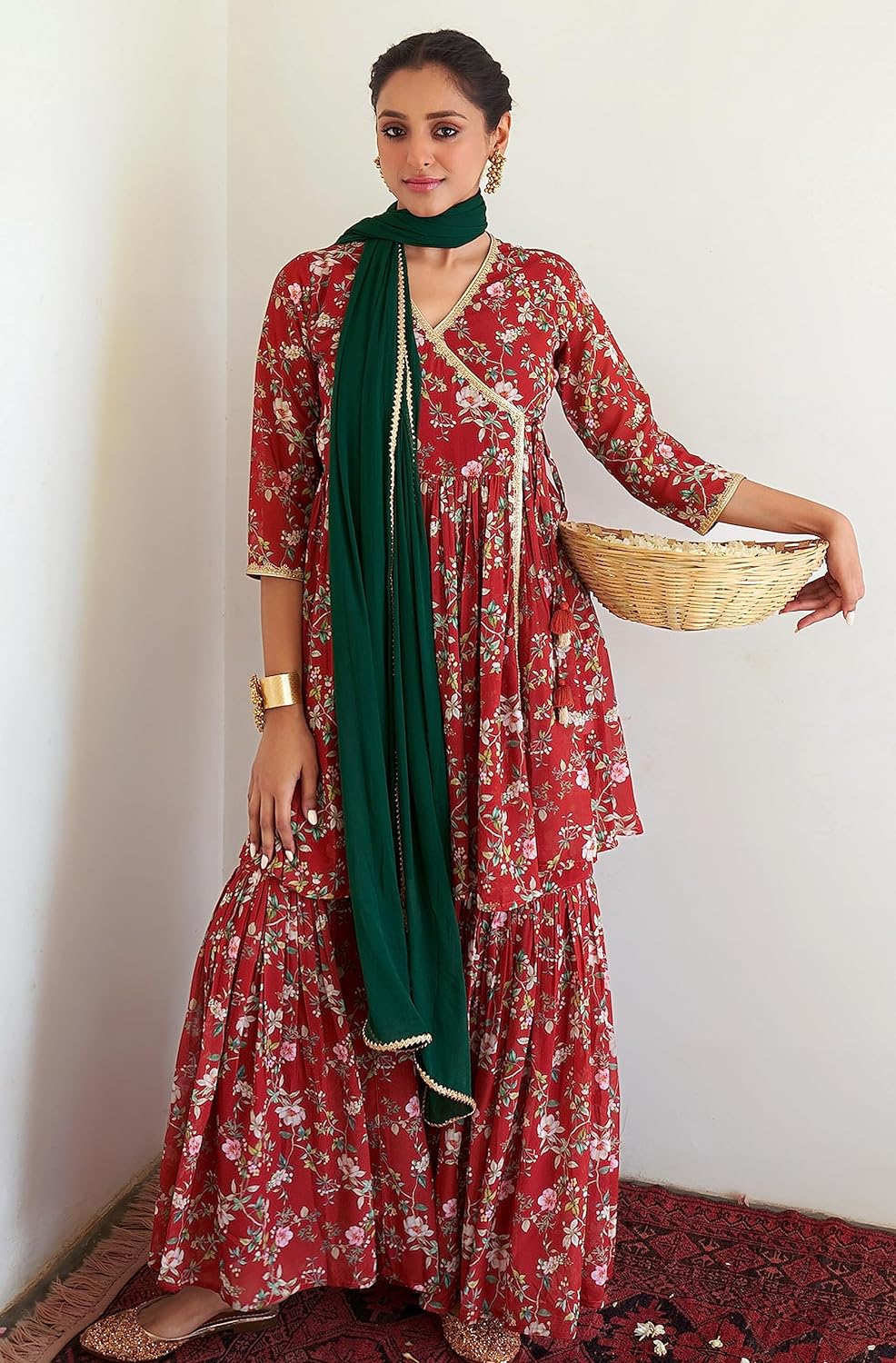 Janasya Women's Georgette Digital Floral Printed Embellished Kurta Set Maroon