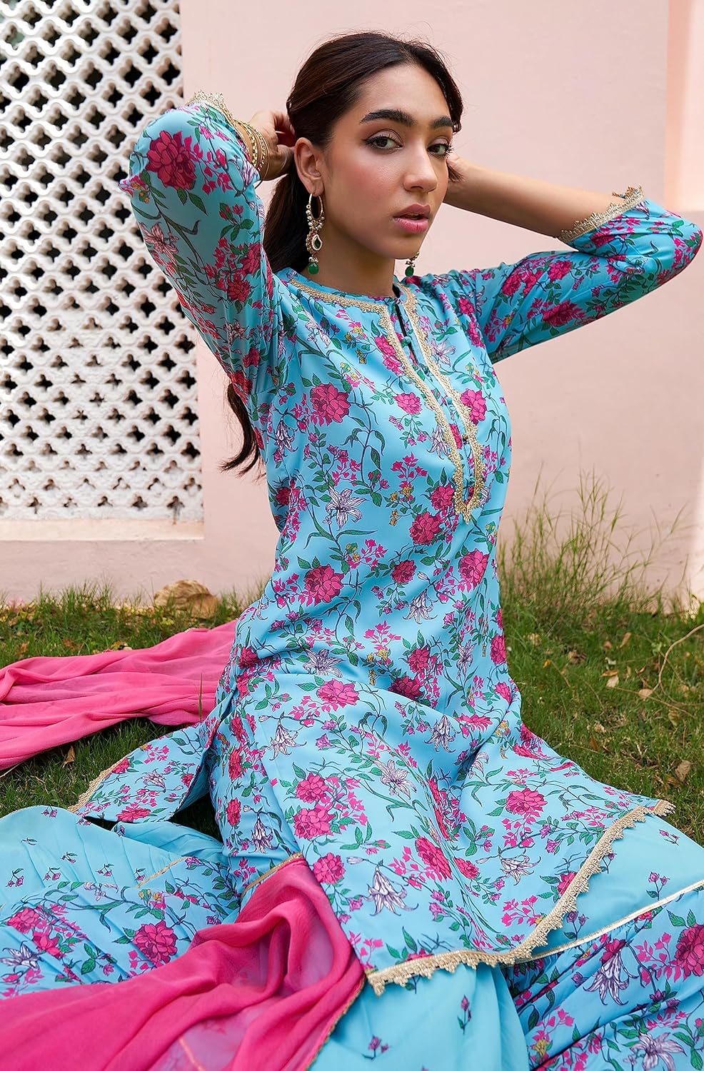 Janasya Women's Georgette Digital Floral Printed Embellished Kurta Set Sky Blue