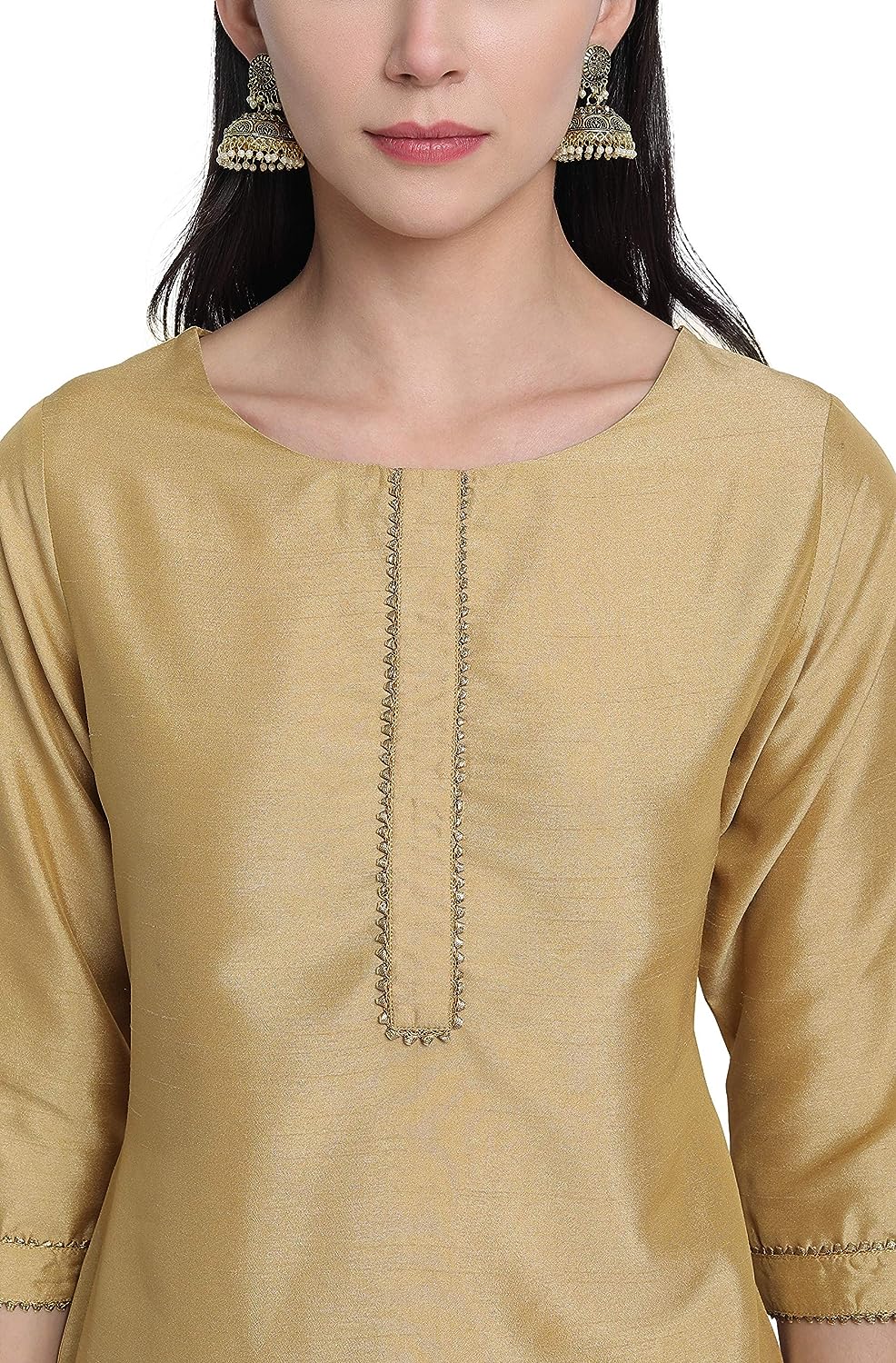 Janasya Women's Gold Poly Silk Solid Kurta with Pant and Dupatta Gold